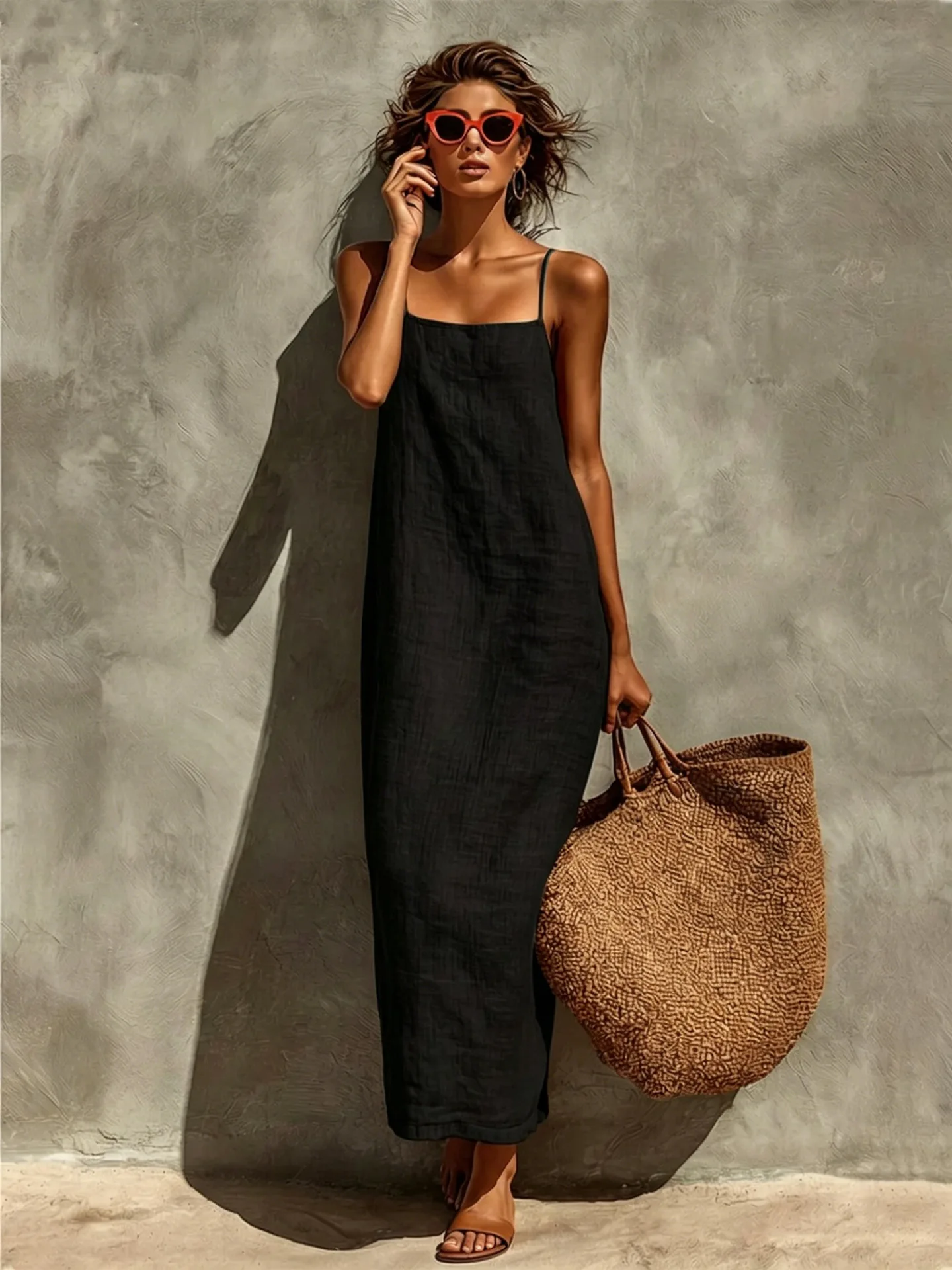 Solid Summer Dress with Spaghetti Straps