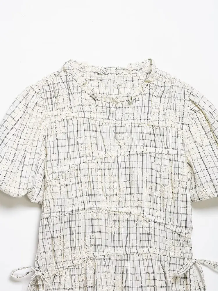 Plaid Blouse and Skirt Set with Embroidery and Bow