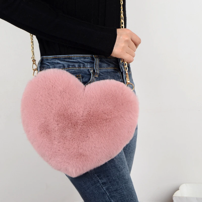Heart-Shaped Faux Fur Handbag