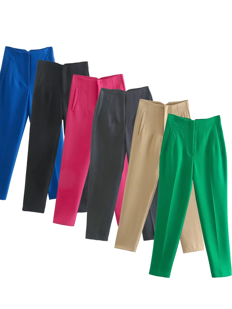 High Waist Straight Pants with Pockets and Front Zipper