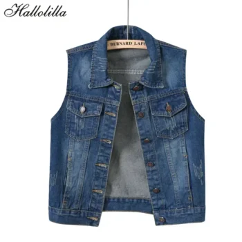 Sleeveless Cotton Denim Vest with Turn-Down Collar and Buttons