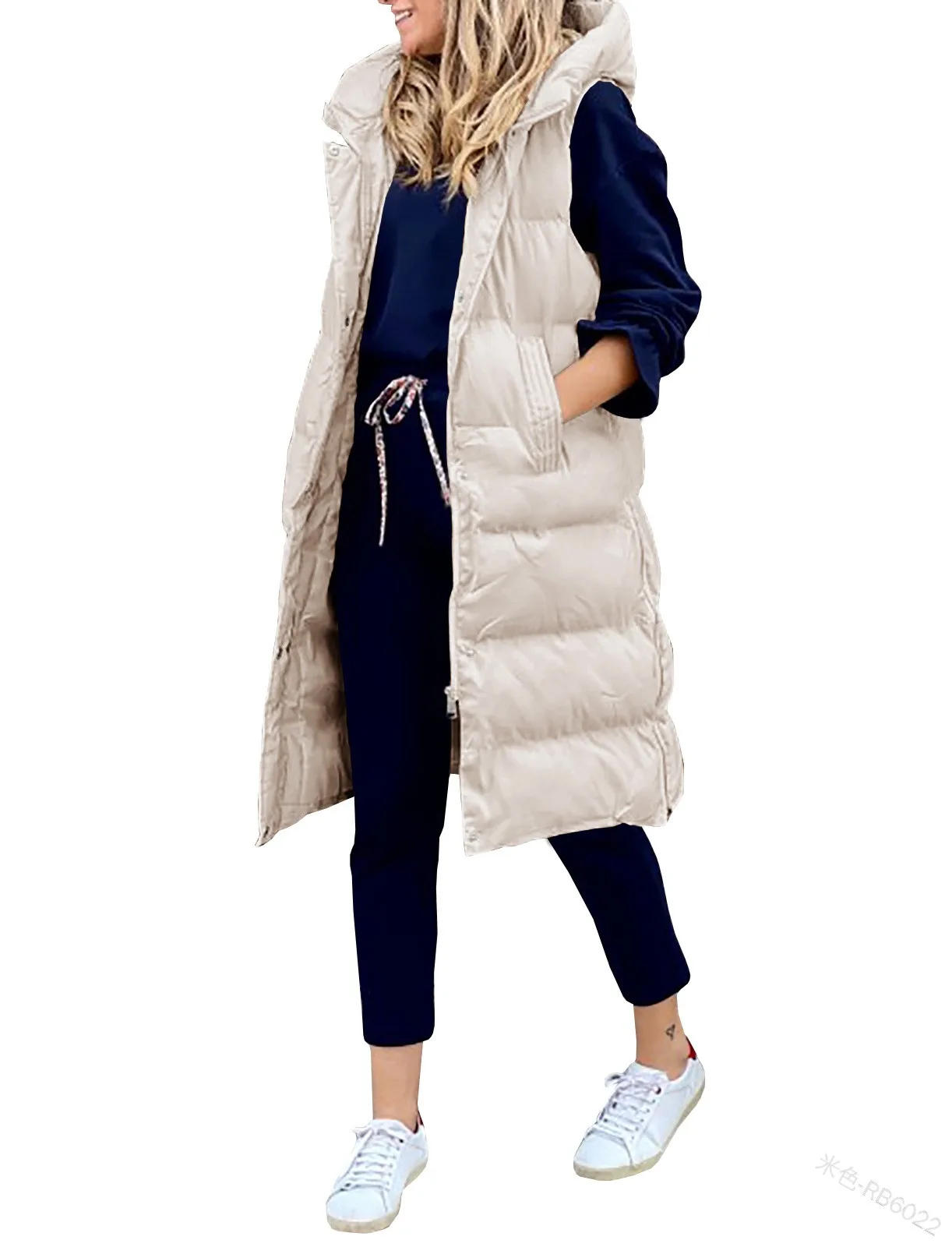 Long Winter Hooded Zip-Up Vest with Side Pockets