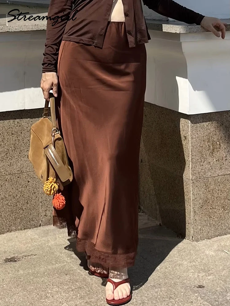 Satin Maxi Skirt with Lace Trim