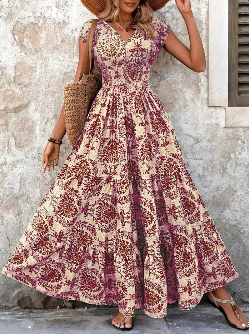 Short Sleeve V-Neck Floral Dress