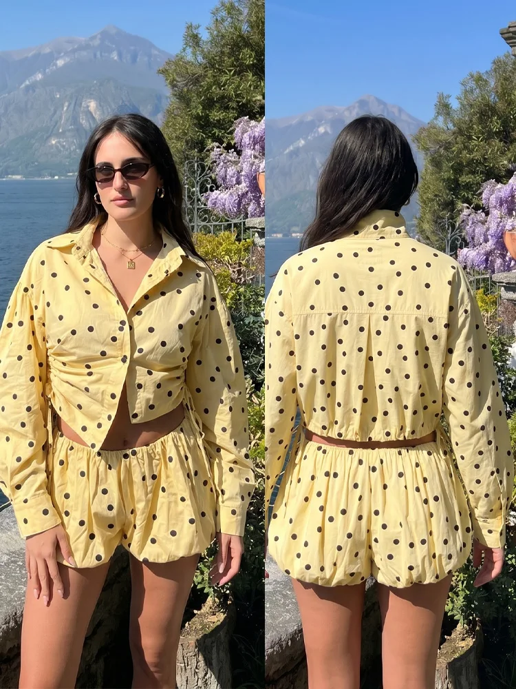 Polka Dot Set: Stand Collar Top and Pleated Shorts
