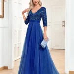 Three-Quarter Sleeve Evening Dress with Sequin Bodice and Tulle Skirt — Image 4