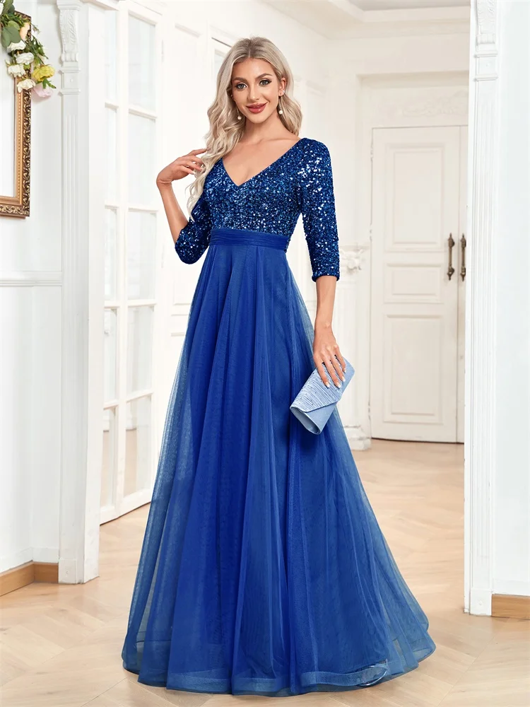 Three-Quarter Sleeve Evening Dress with Sequin Bodice and Tulle Skirt