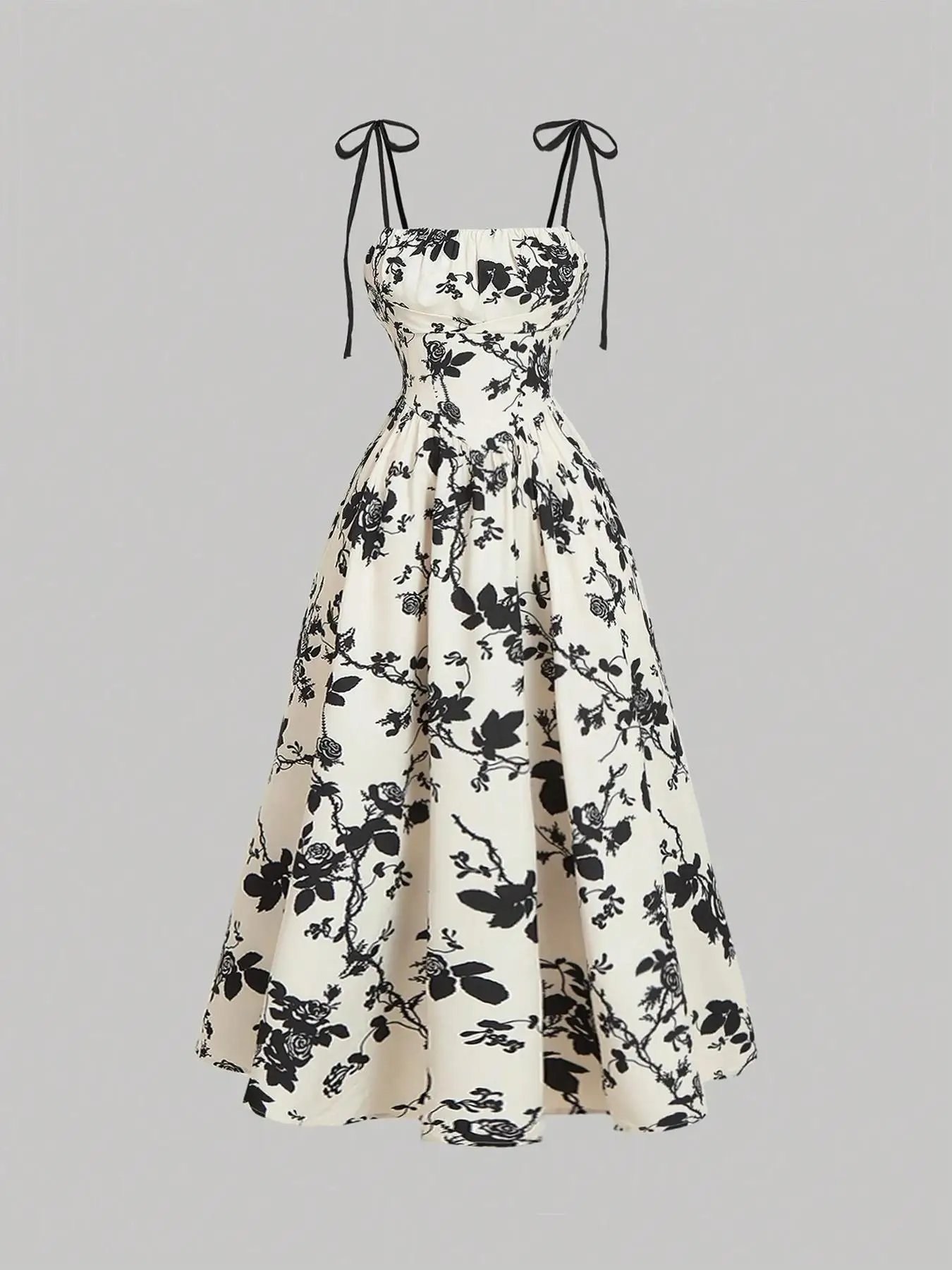 Floral Flared Midi Dress with Spaghetti Straps