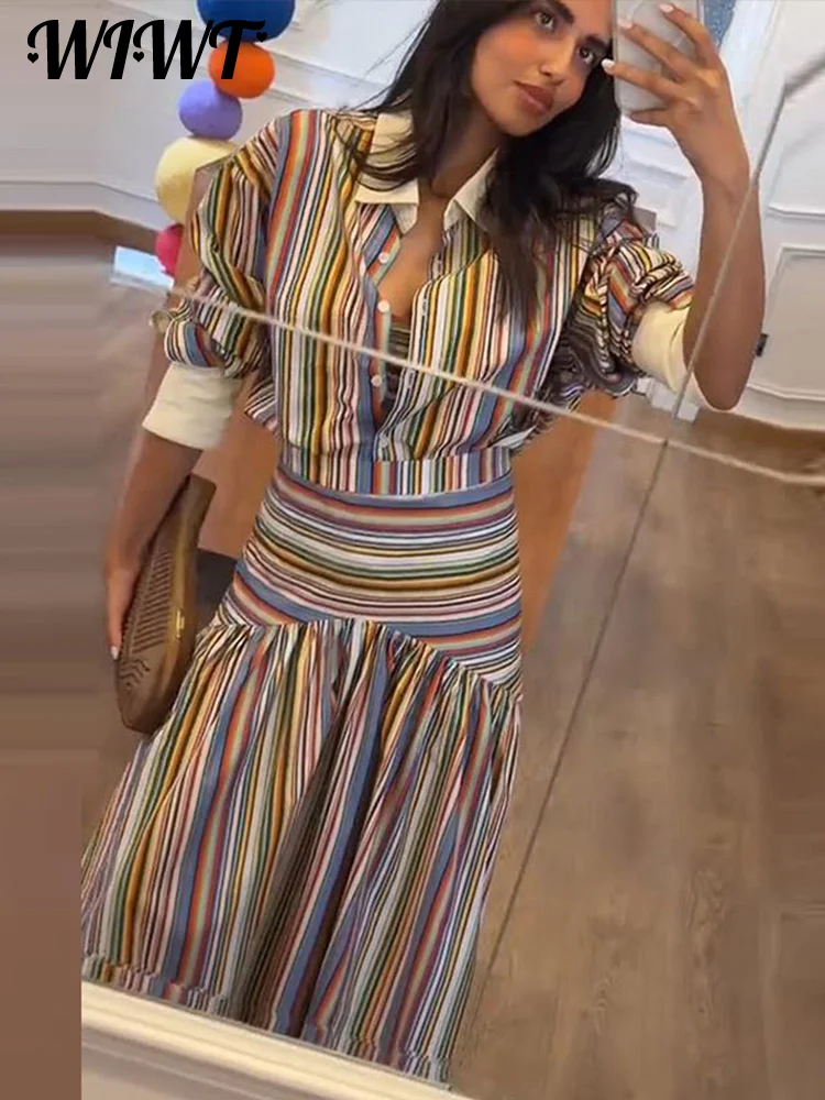 2-Piece Striped Set: Button-Up Shirt and Ankle-Length Skirt