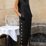 Vintage Solid Summer Dress with Slit — Image 5