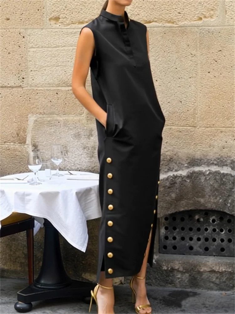 Vintage Solid Summer Dress with Slit