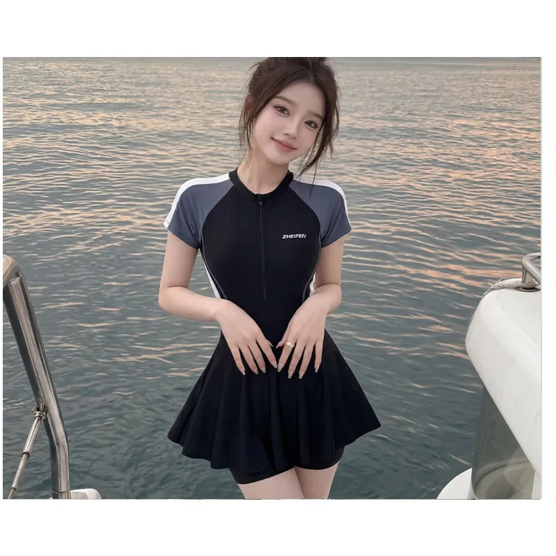 Sports Swimsuit with Skirt and Front Zipper