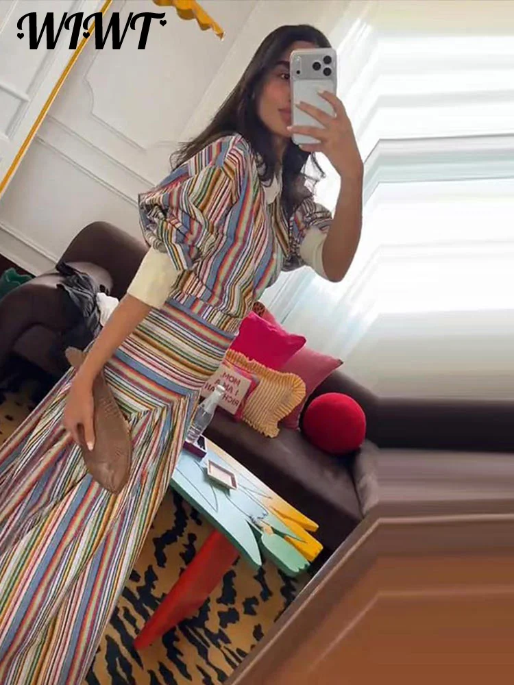 2-Piece Striped Set: Button-Up Shirt and Ankle-Length Skirt