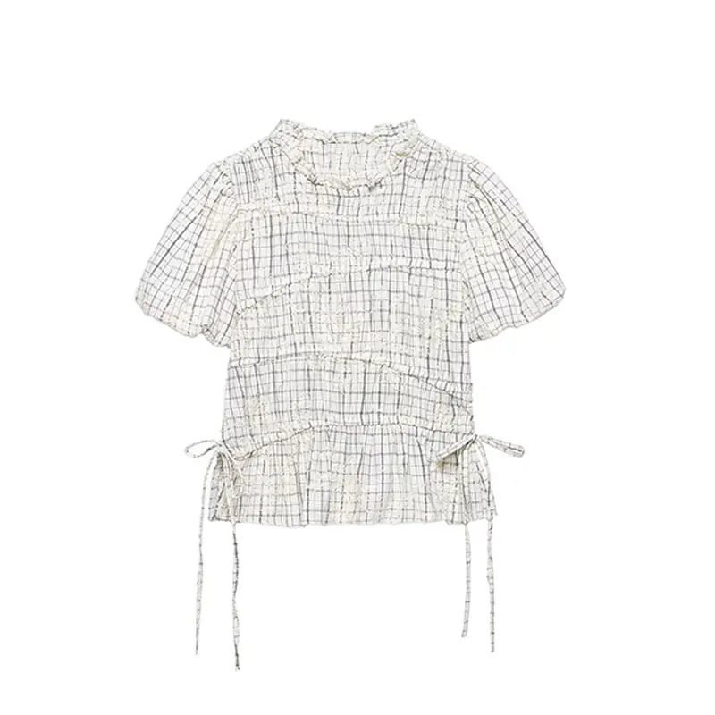 Plaid Blouse and Skirt Set with Embroidery and Bow