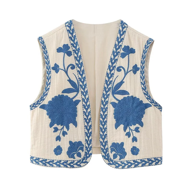 Cropped Open-Front V-Neck Vest with Floral Embroidery