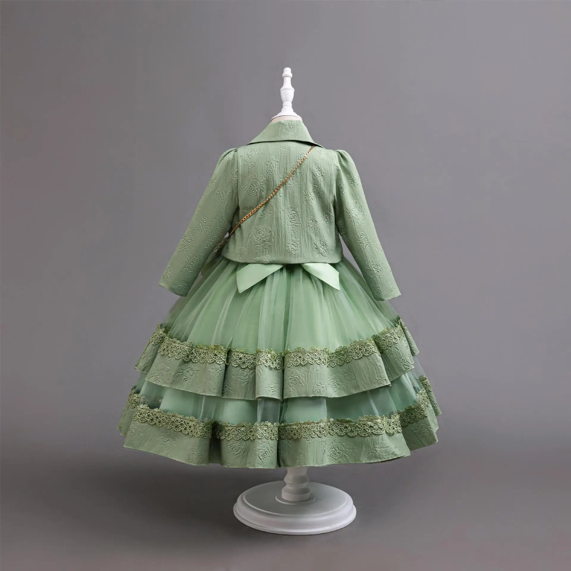 Girls' Green Dress with Coat and Bag