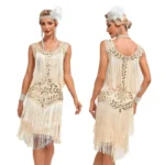 Beaded Sequin Evening Dress with Classic Round Neck