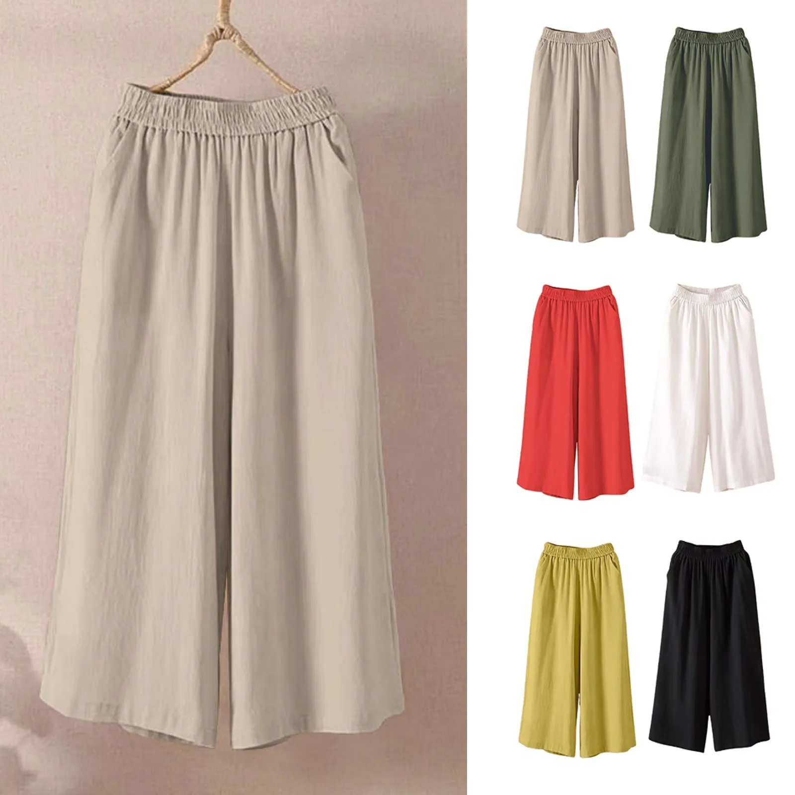 Ankle-Length Wide-Leg Pants with Elastic Waist and Side Pockets