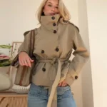 Short Double-Breasted Trench Coat with Belt