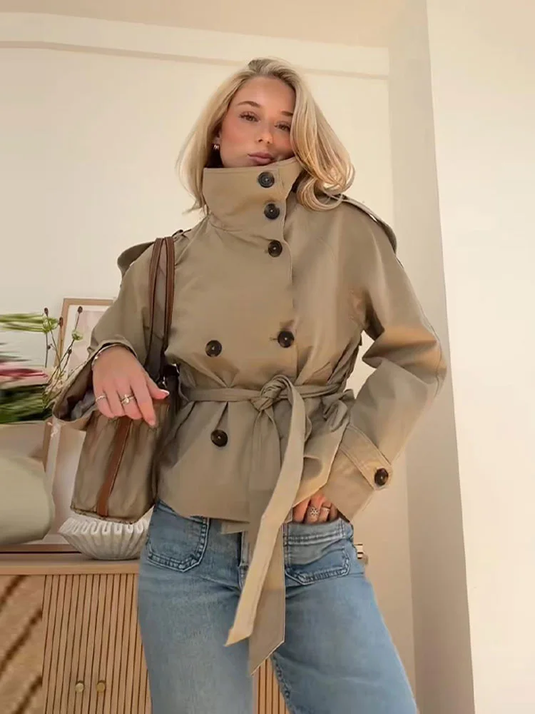 Short Double-Breasted Trench Coat with Belt