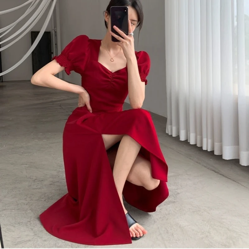 V-Neck Dress with Short Puff Sleeves