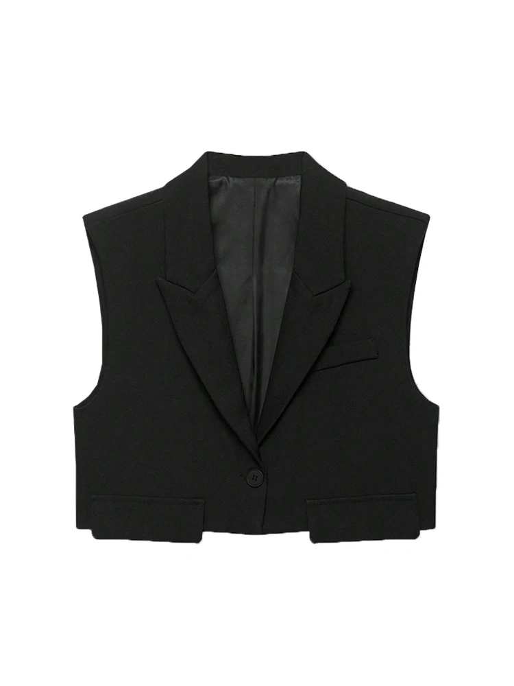 Cropped Sleeveless One-Button Vest with Turn-Down Collar