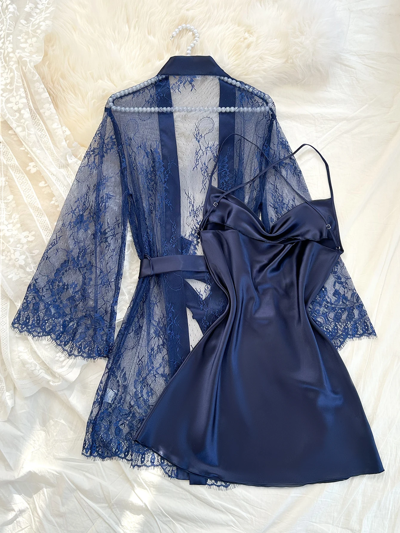Sleep Set with Strappy Nightgown and Light Lace Robe