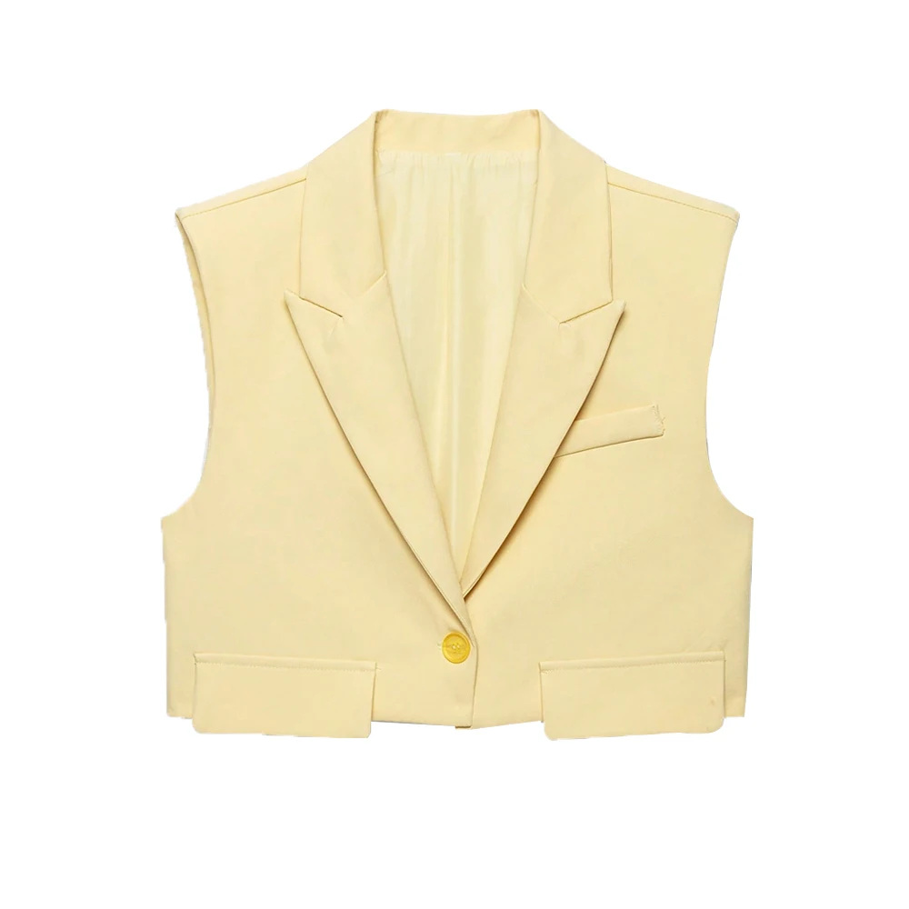 Cropped Sleeveless One-Button Vest with Turn-Down Collar