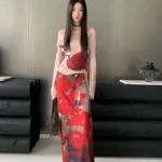 Red Mesh Skirt with Front Tie