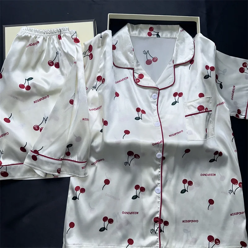 Cherry Print Satin Pajama Set
