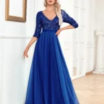 Three-Quarter Sleeve Evening Dress with Sequin Bodice and Tulle Skirt — Image 5