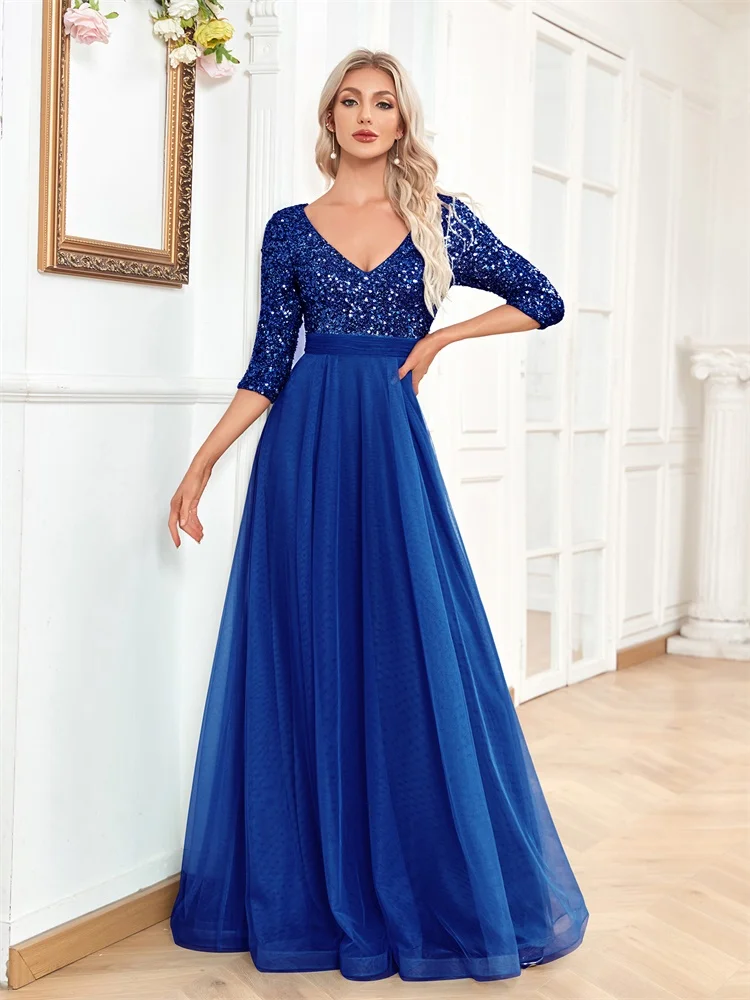 Three-Quarter Sleeve Evening Dress with Sequin Bodice and Tulle Skirt