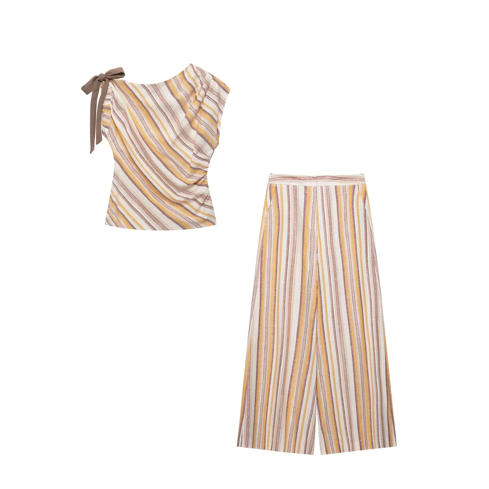 Striped Set: Sleeveless Bow Top and Wide-Leg Pants