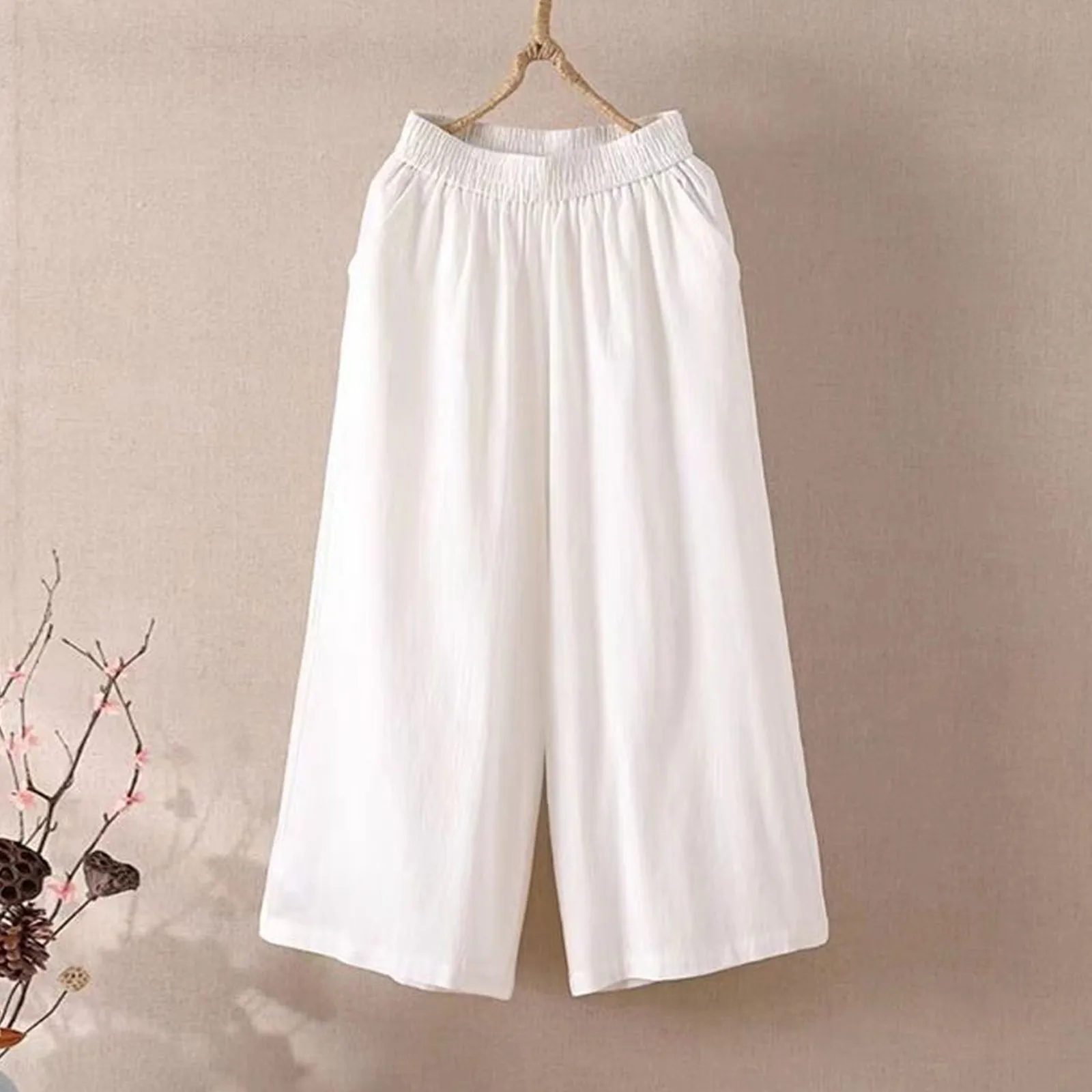 Ankle-Length Wide-Leg Pants with Elastic Waist and Side Pockets