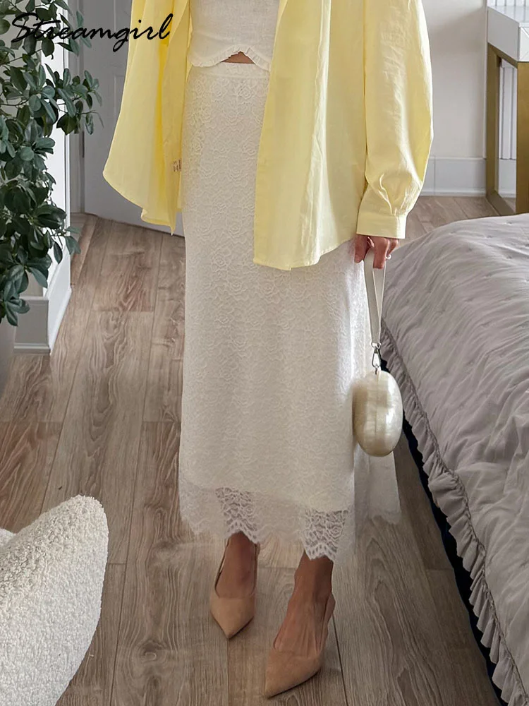 Fitted White Lace Maxi Skirt
