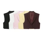 Cropped Sleeveless One-Button Vest with Turn-Down Collar