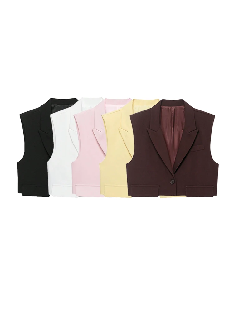 Cropped Sleeveless One-Button Vest with Turn-Down Collar