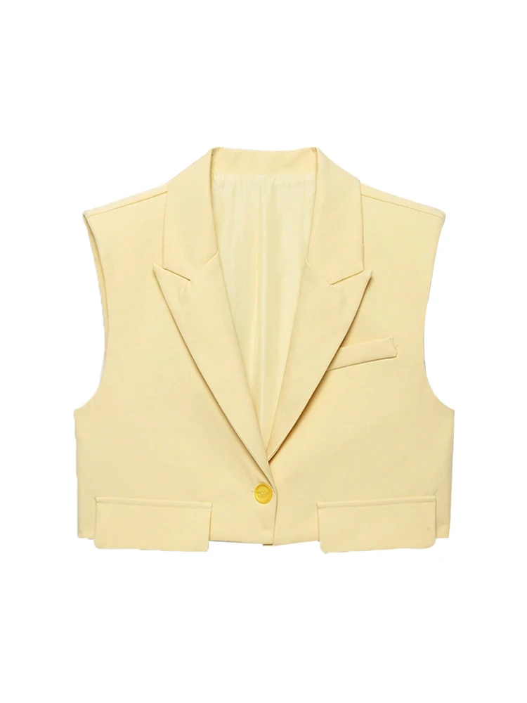 Cropped Sleeveless One-Button Vest with Turn-Down Collar