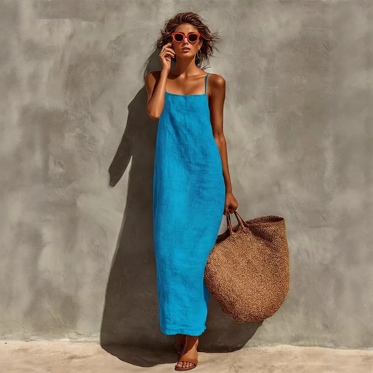 Solid Summer Dress with Spaghetti Straps