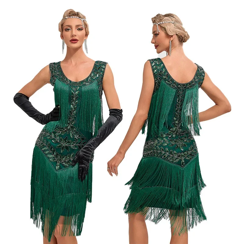 Beaded Sequin Evening Dress with Classic Round Neck