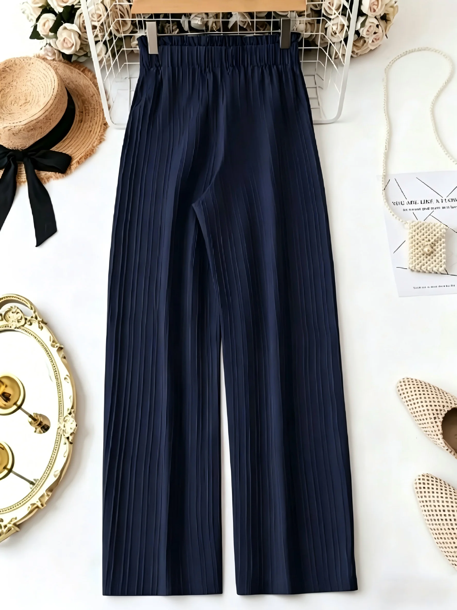 Stretchy Wide-Leg Pants with Bow