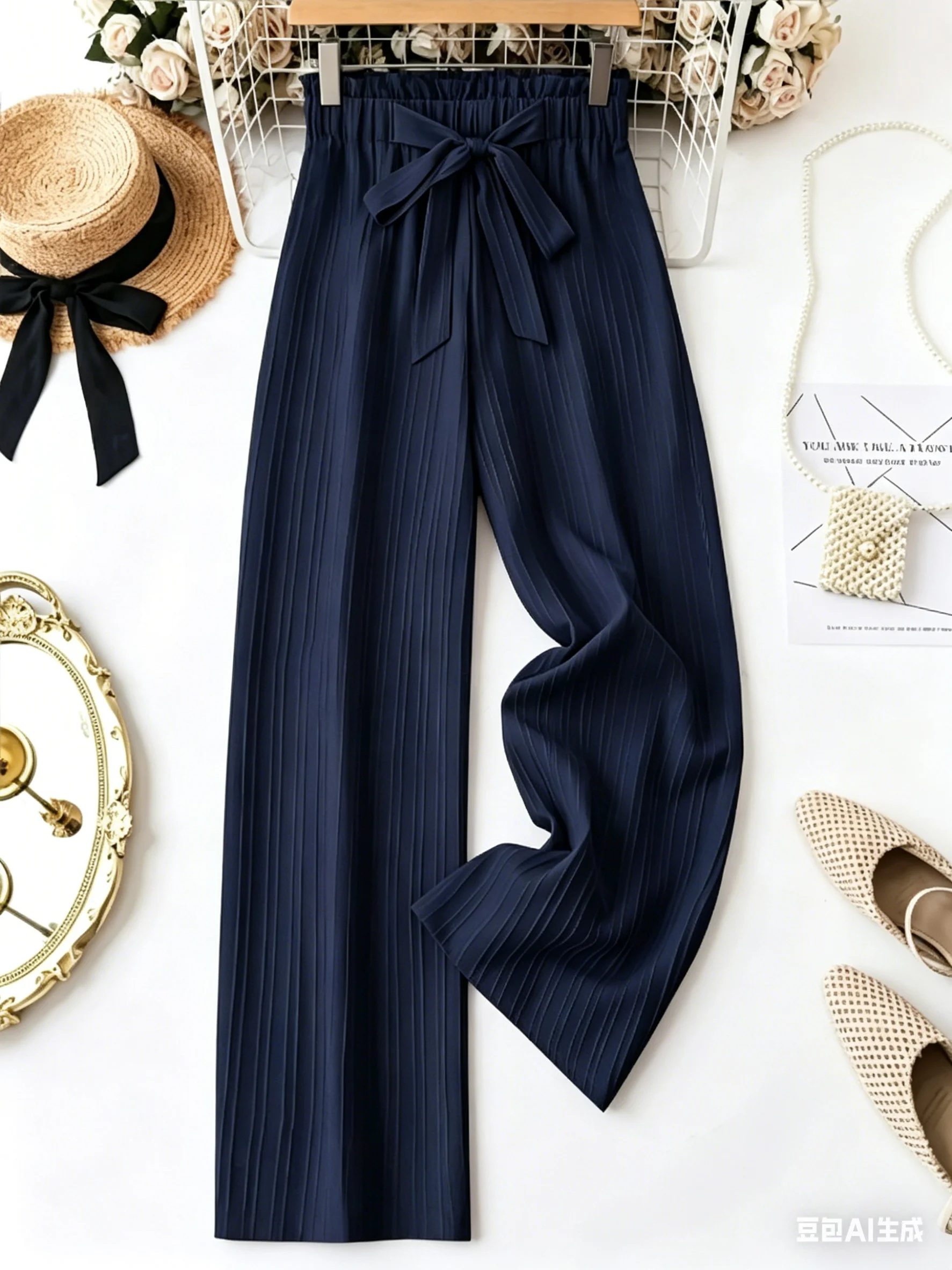 Stretchy Wide-Leg Pants with Bow