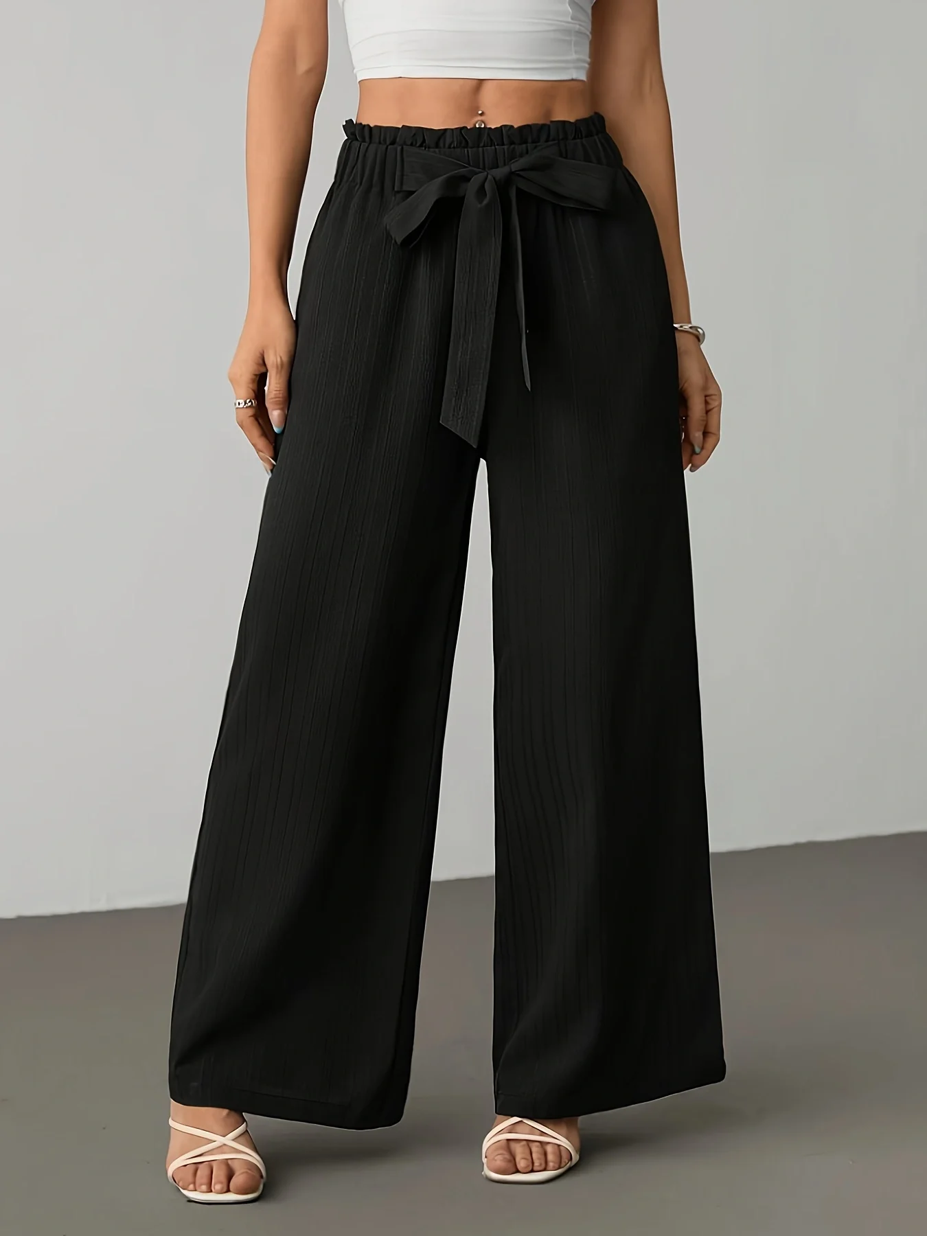 Striped Ruffled Wide-Leg Pants